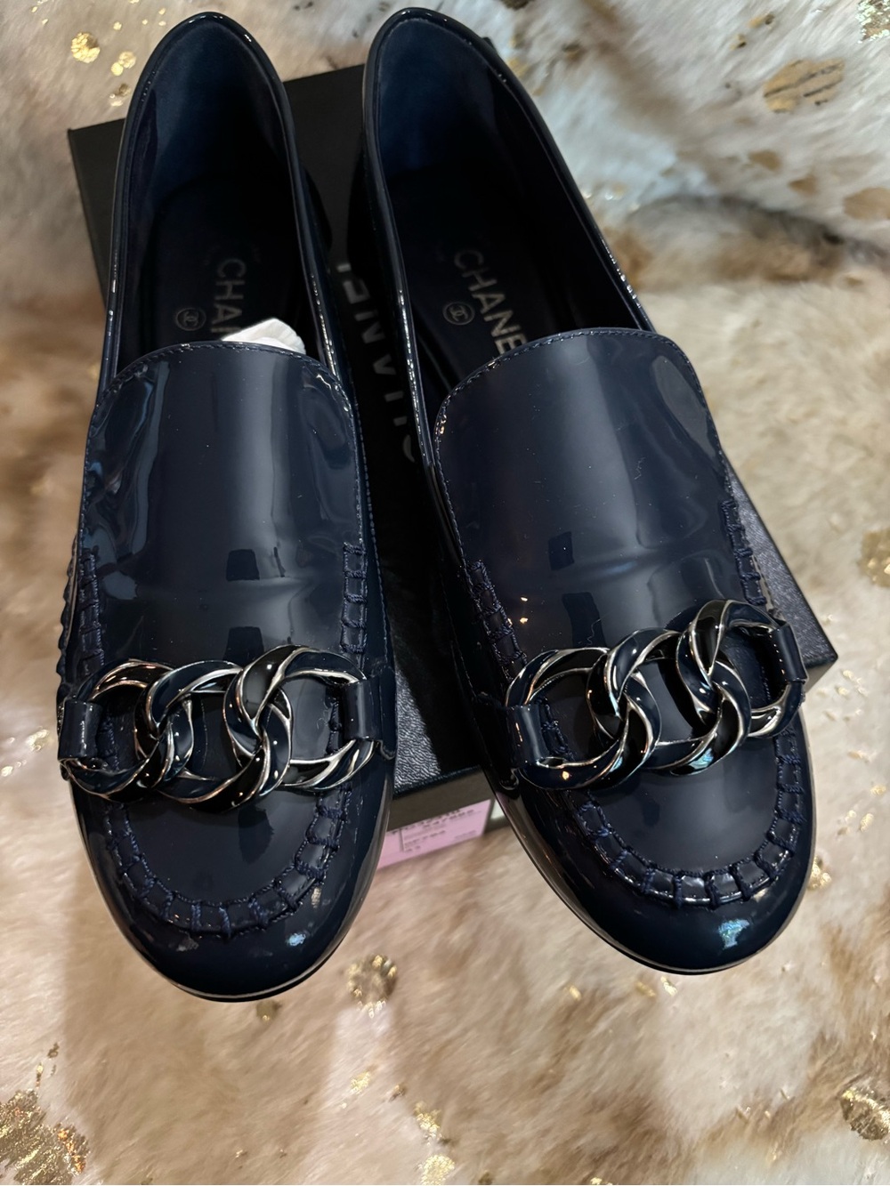CHANEL Patent Navy Loafers with Navy and Silver Chain Accent. NWT